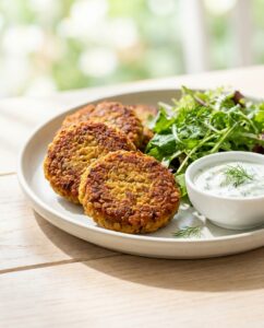 Linsen-Frikadellen mit Gurken-Joghurt-Dip