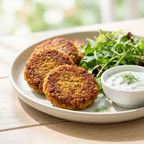 Linsen-Frikadellen mit Gurken-Joghurt-Dip