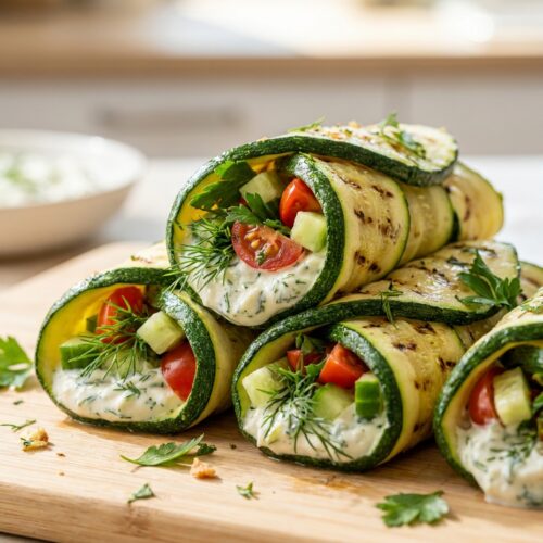 Gegrillte Zucchini-Wraps mit Zitronen-Kräuterquark