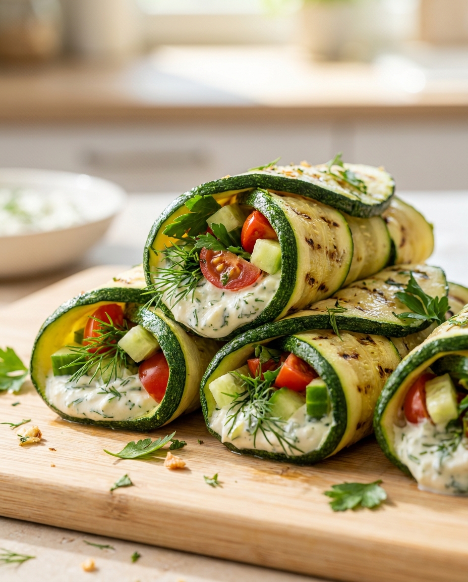 Gegrillte Zucchini-Wraps mit Zitronen-Kräuterquark