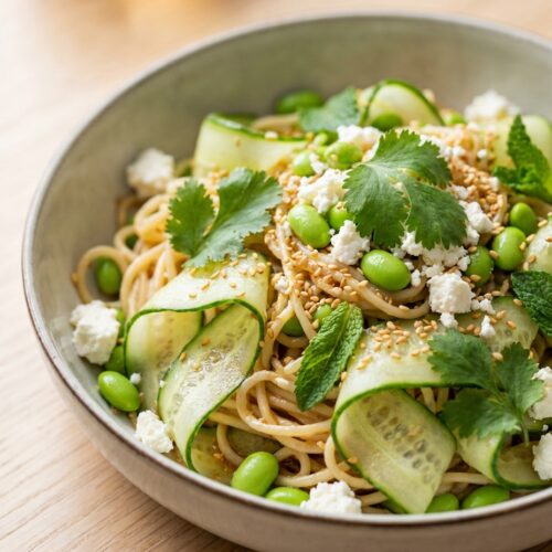 Kalter Sesam-Nudelsalat mit Gurke und Edamame