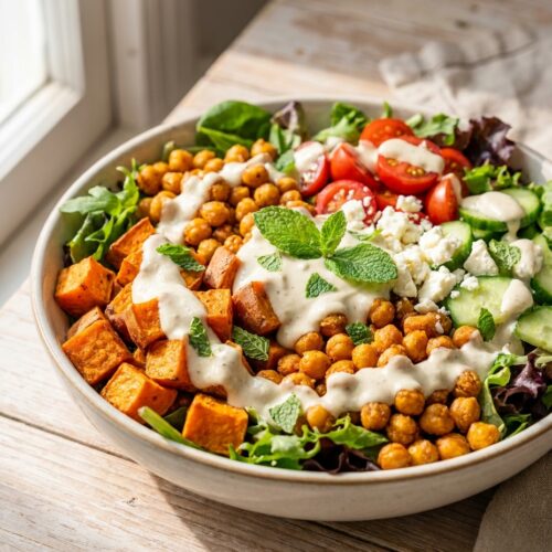 Süßkartoffel-Kichererbsen-Bowl mit Tahini-Joghurt-Dressing