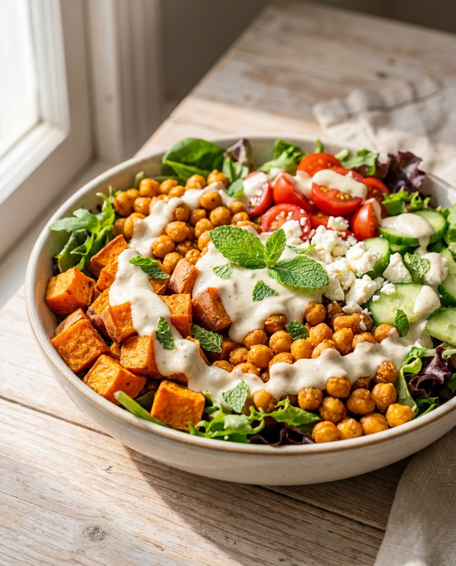 Süßkartoffel-Kichererbsen-Bowl mit Tahini-Joghurt-Dressing