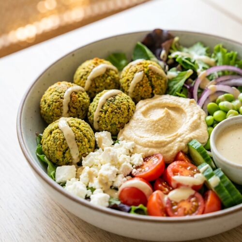 Grüne Falafel-Bowl mit selbstgemachtem Hummus
