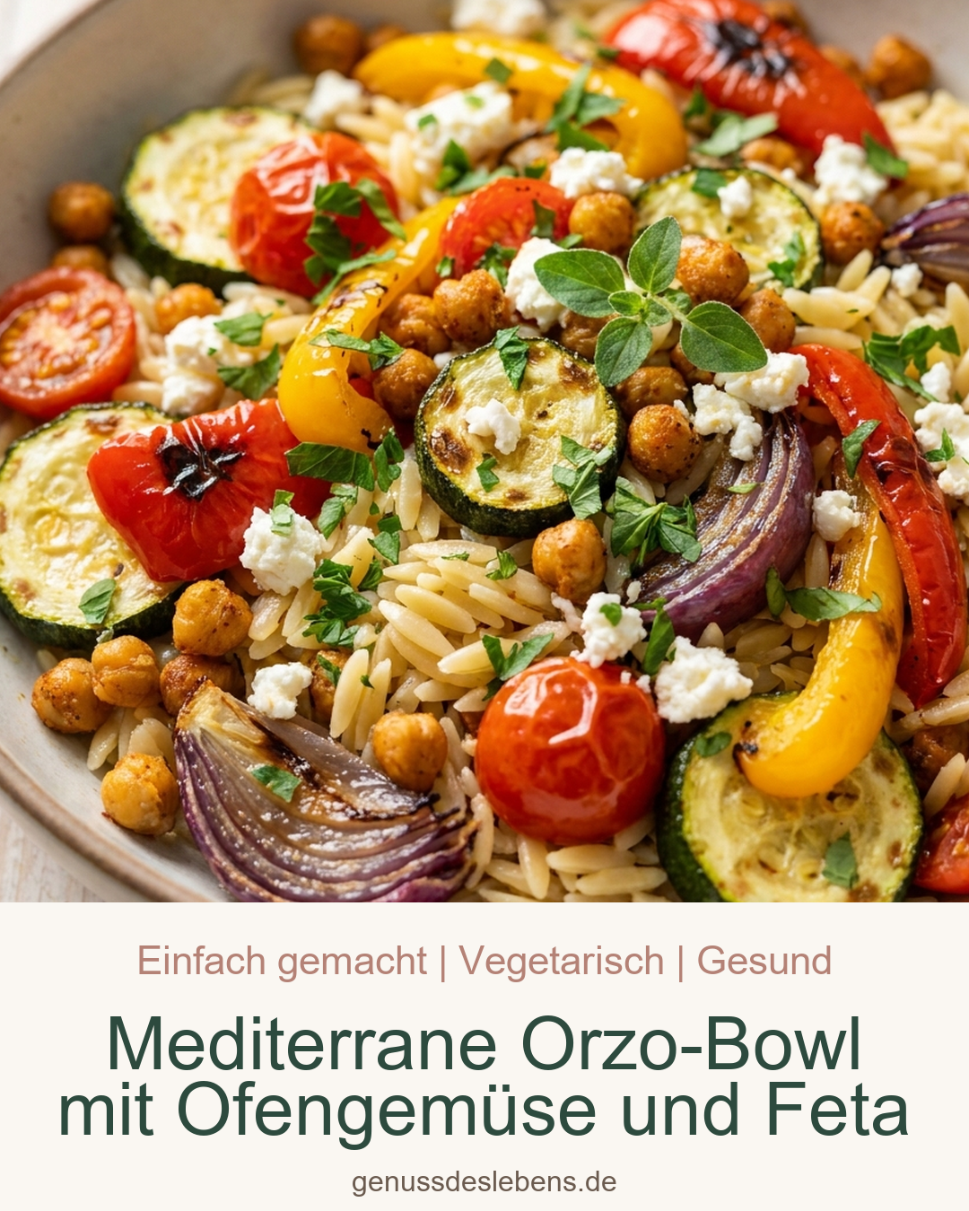 Mediterrane Orzo-Bowl mit Ofengemüse und Feta - Pin für Pinterest