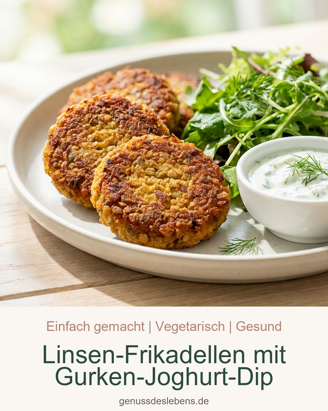 Linsen-Frikadellen mit Gurken-Joghurt-Dip - Pin für Pinterest