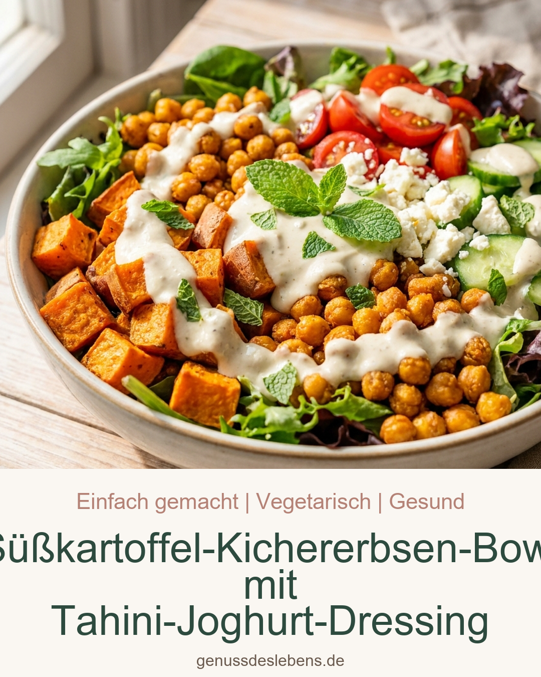 Süßkartoffel-Kichererbsen-Bowl mit Tahini-Joghurt-Dressing - Pin für Pinterest