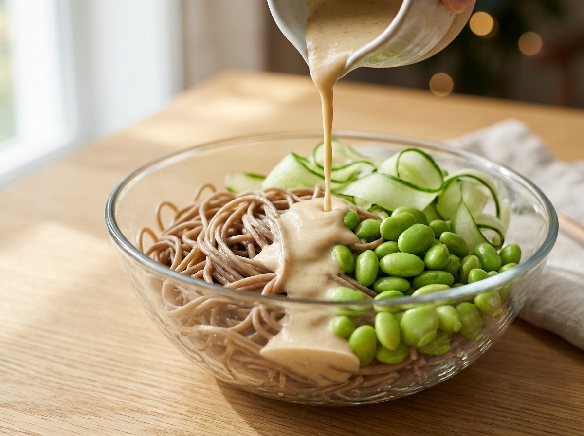 Kalter Sesam-Nudelsalat mit Gurke und Edamame Zubereitung