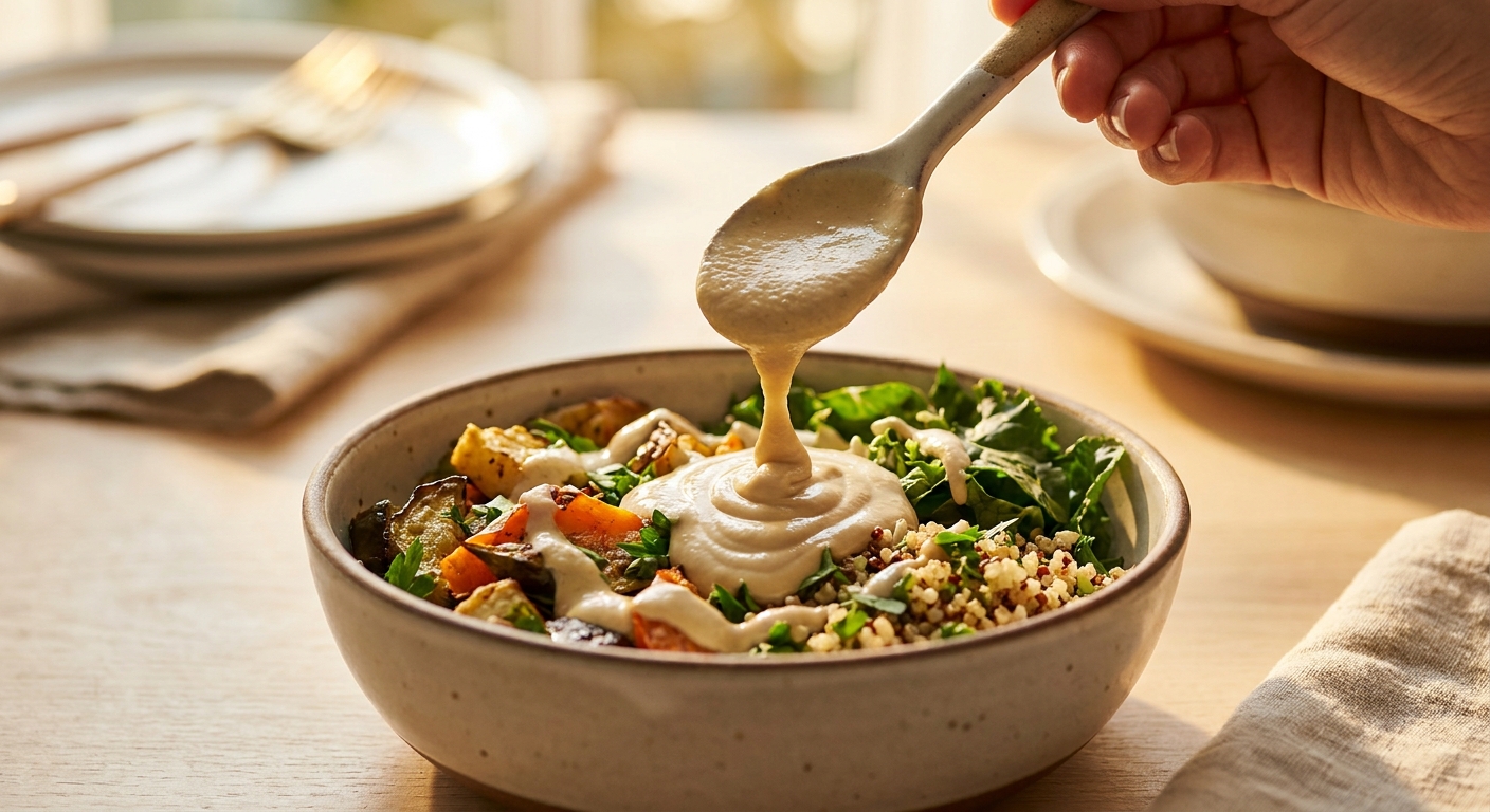 Süßkartoffel-Kichererbsen-Bowl mit Tahini-Joghurt-Dressing Zubereitung