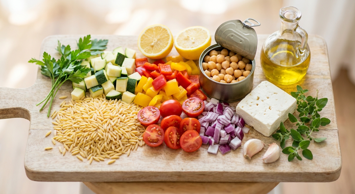 Zutaten für Mediterrane Orzo-Bowl mit Ofengemüse und Feta