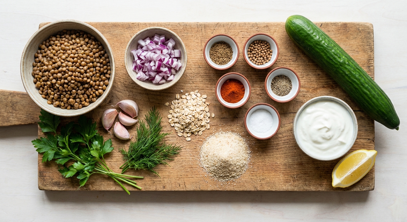 Zutaten für Linsen-Frikadellen mit Gurken-Joghurt-Dip