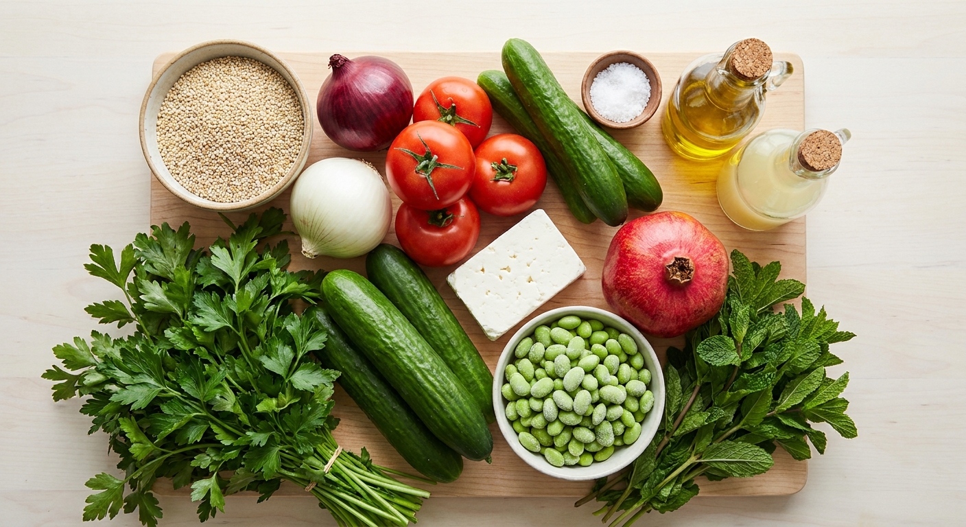 Zutaten für Quinoa-Tabbouleh mit Minze und Granatapfel