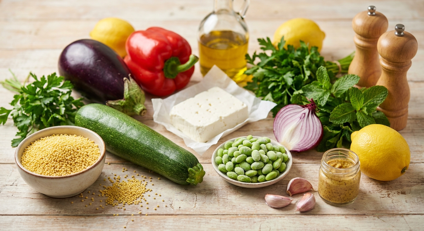 Zutaten für Hirse-Salat mit gegrilltem Gemüse und Feta