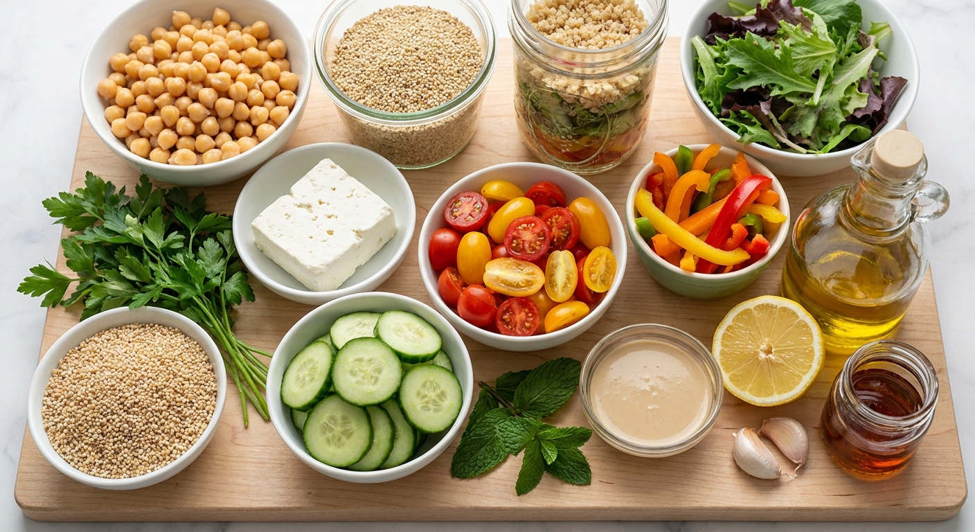 Zutaten für Mason-Jar-Schichtsalat mit Kichererbsen