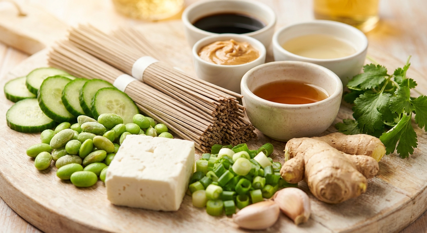 Zutaten für Kalter Sesam-Nudelsalat mit Gurke und Edamame