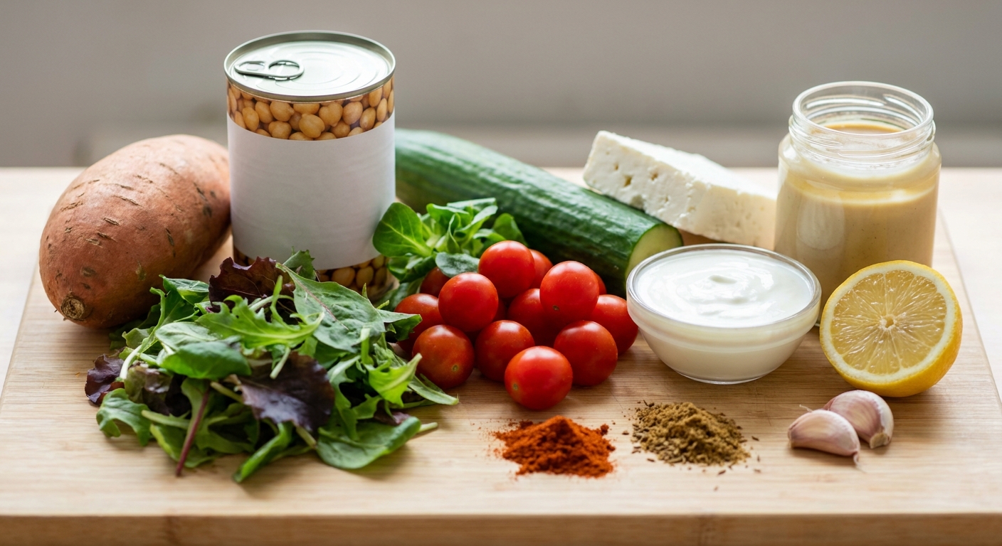 Zutaten für Süßkartoffel-Kichererbsen-Bowl mit Tahini-Joghurt-Dressing