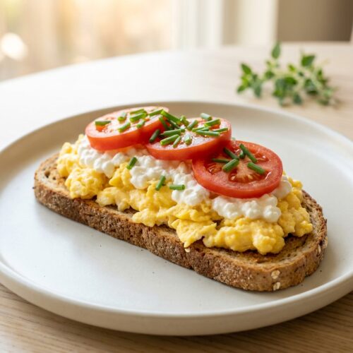 Rührei-Brot mit Hüttenkäse und Tomate