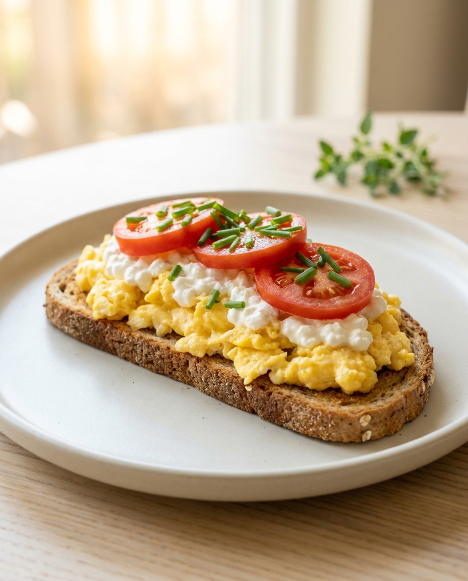 Rührei-Brot mit Hüttenkäse und Tomate