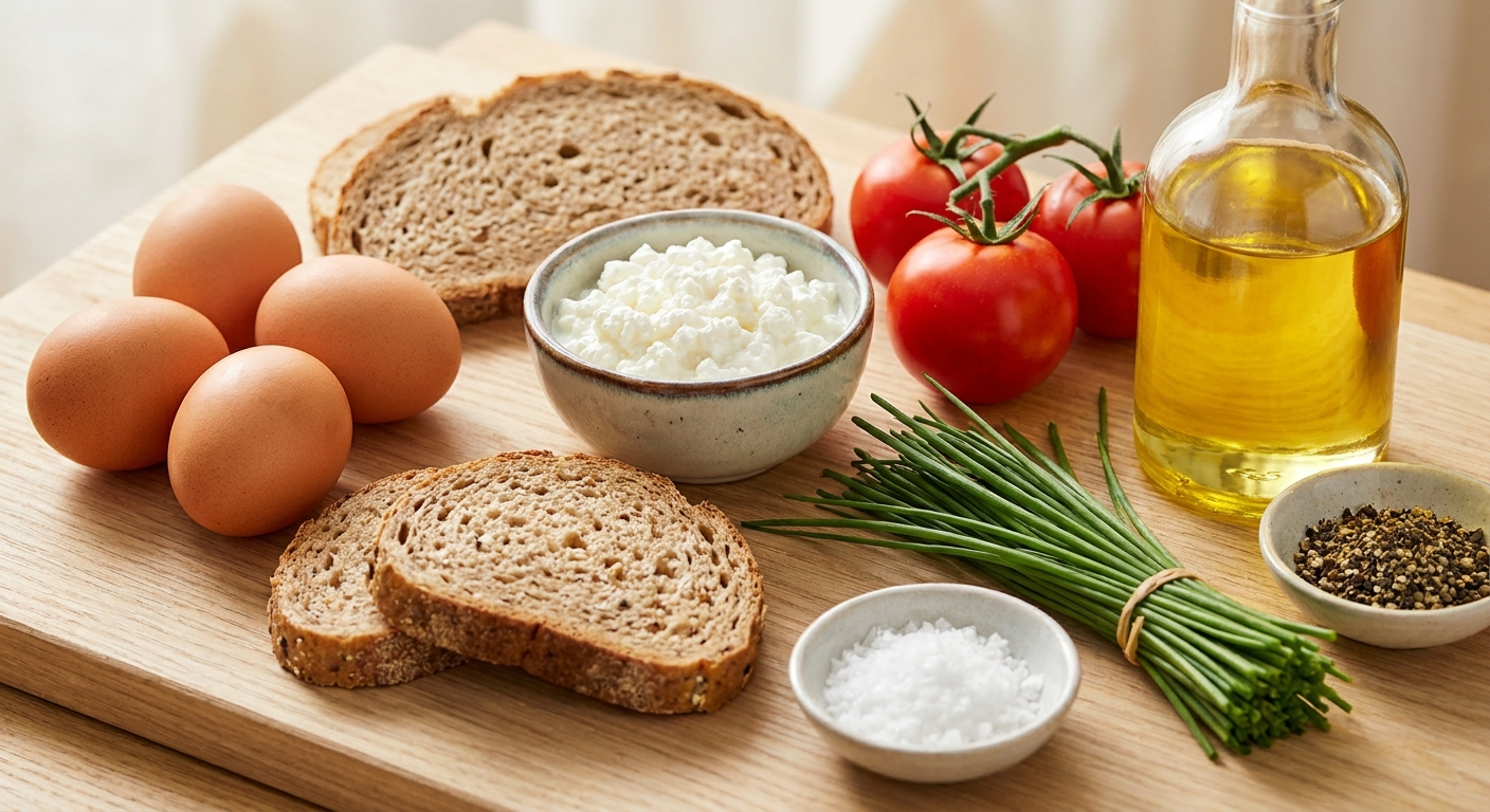 Zutaten für Rührei-Brot mit Hüttenkäse und Tomate