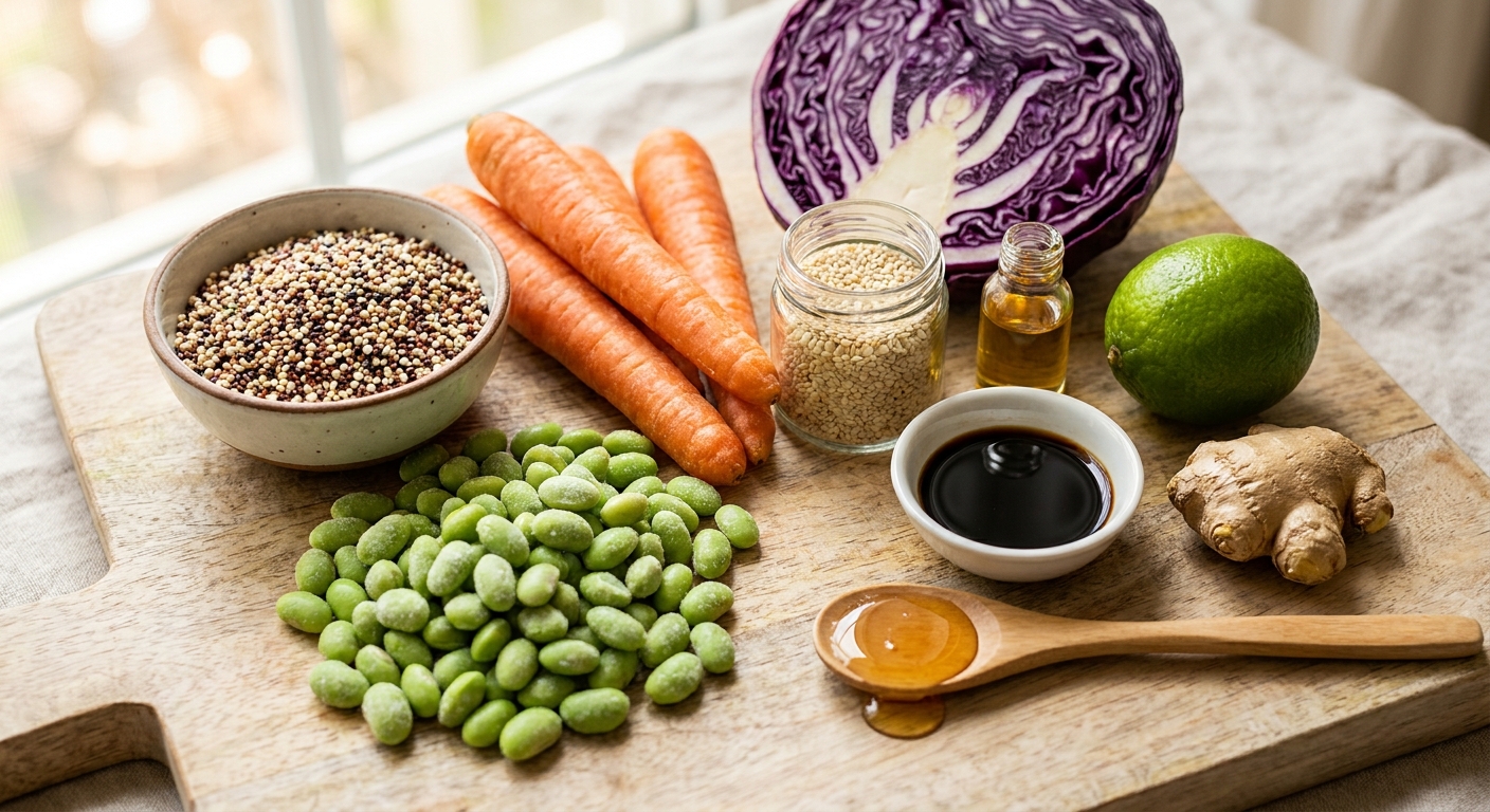 Zutaten für Edamame-Quinoa-Bowl mit Sesam-Dressing