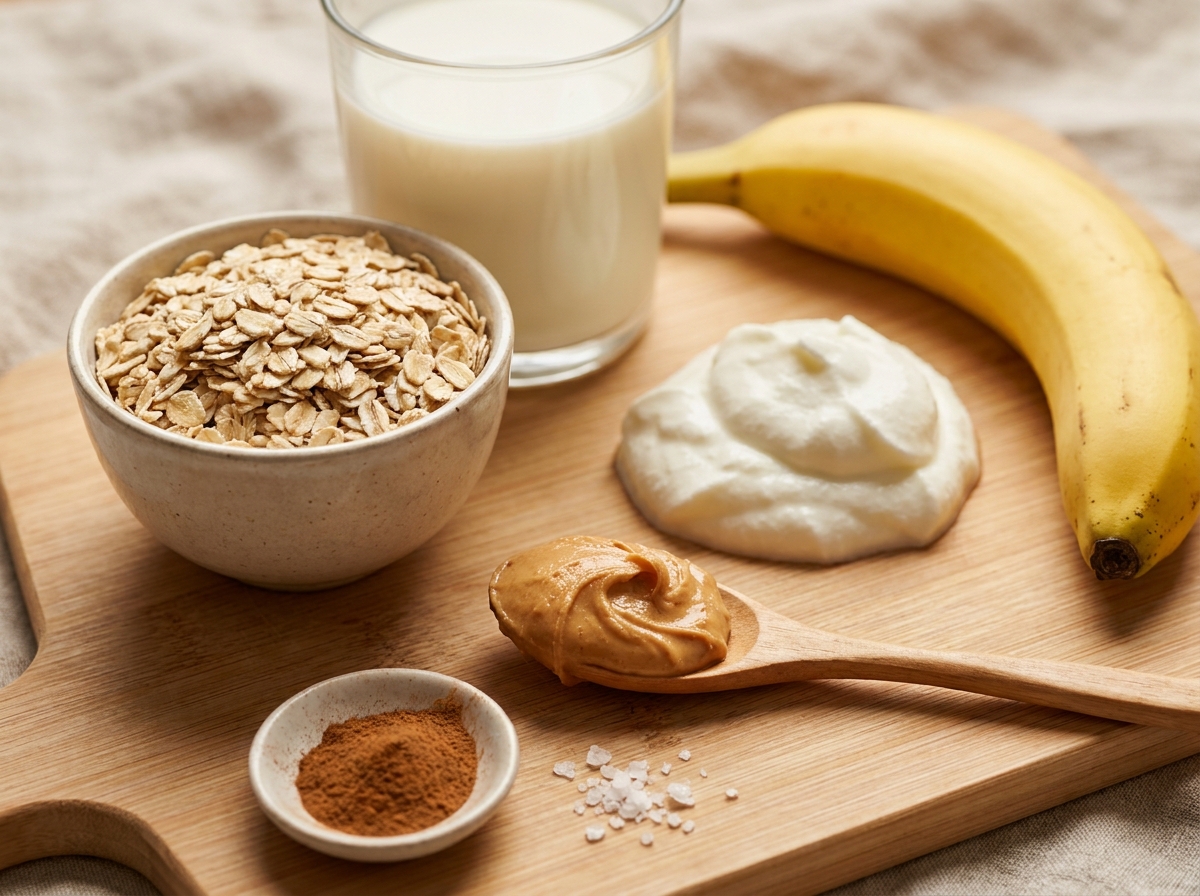 Zutaten für Protein-Porridge mit Erdnussmus