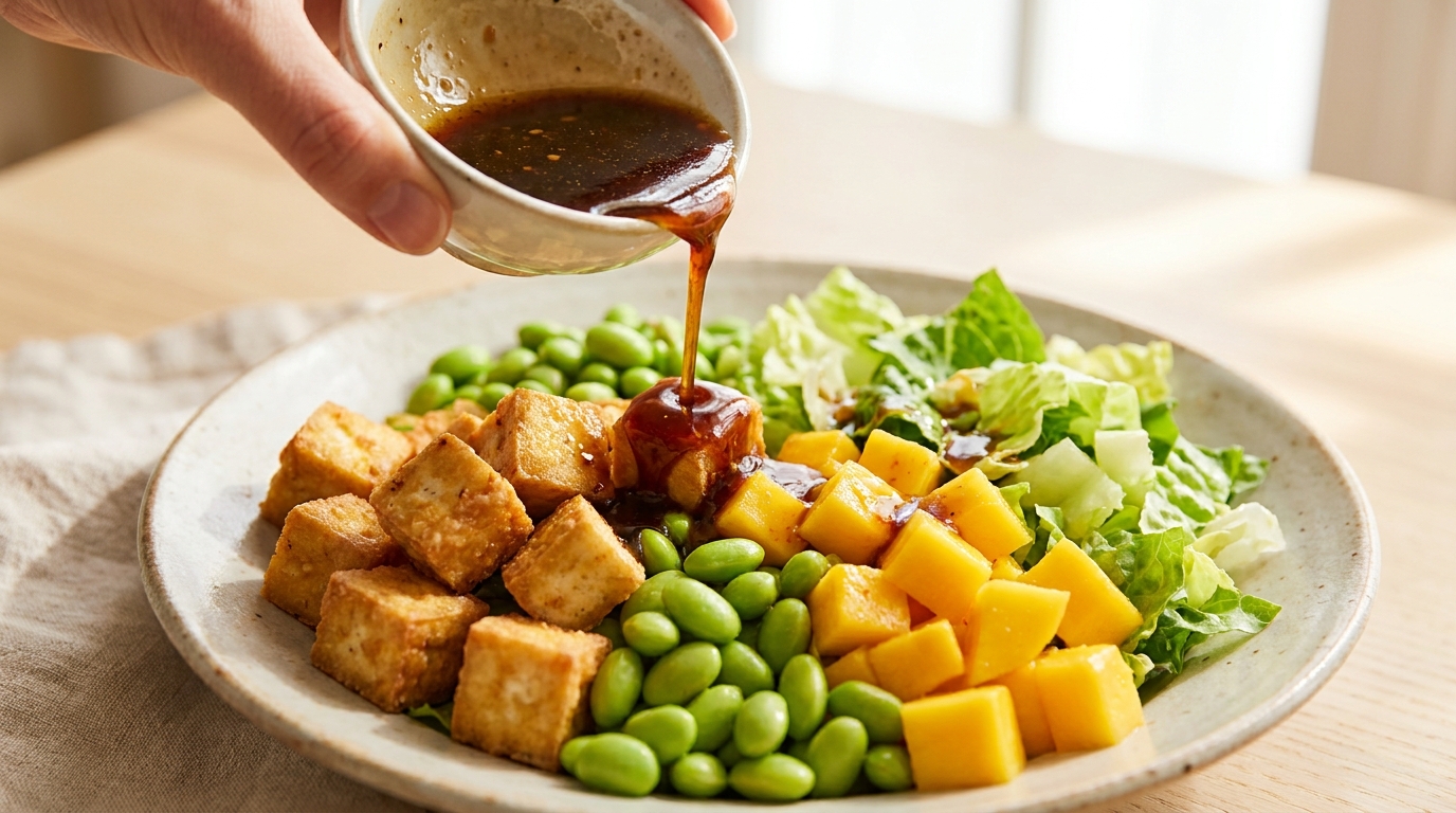 Mango-Tofu-Bowl mit Räuchertofu und Edamame Zubereitung