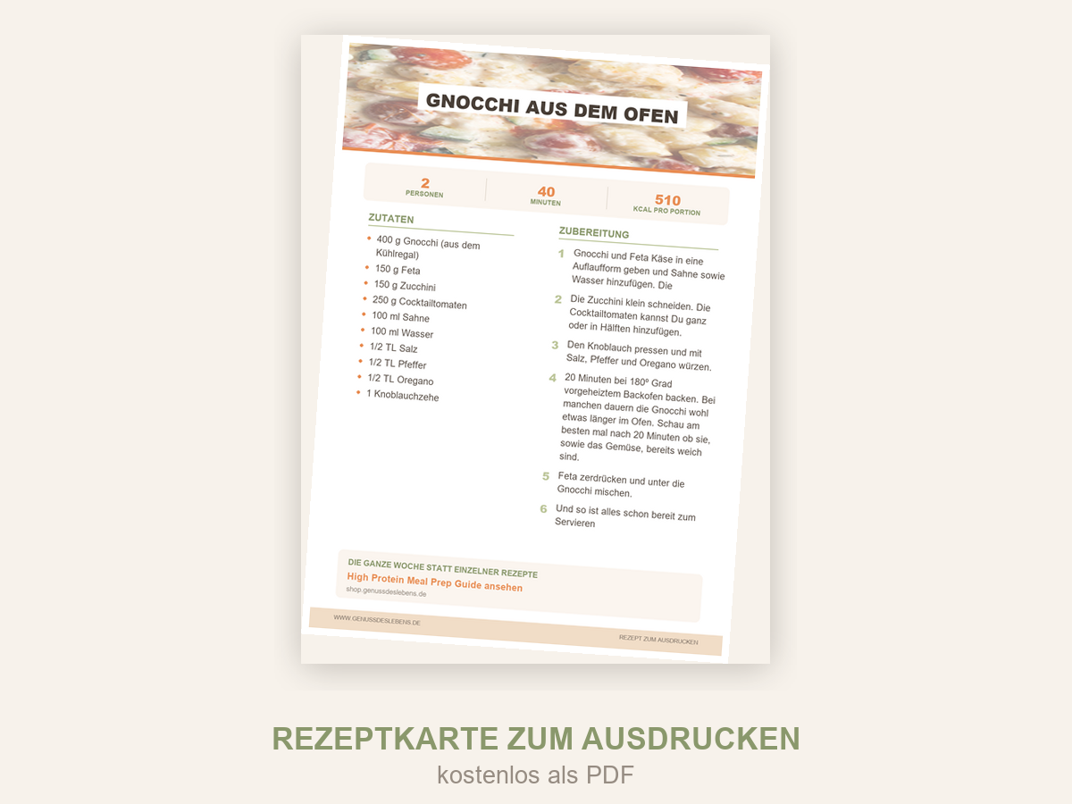 Rezeptkarte Gnocchi aus dem Ofen zum Ausdrucken als PDF