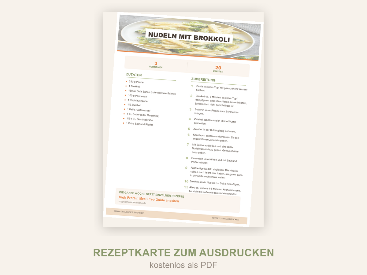 Rezeptkarte Nudeln mit Brokkoli zum Ausdrucken als PDF