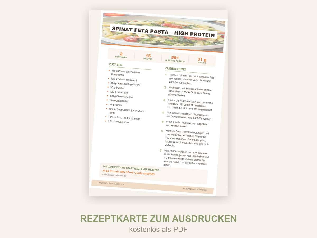 Rezeptkarte Spinat Feta Pasta – High Protein zum Ausdrucken als PDF