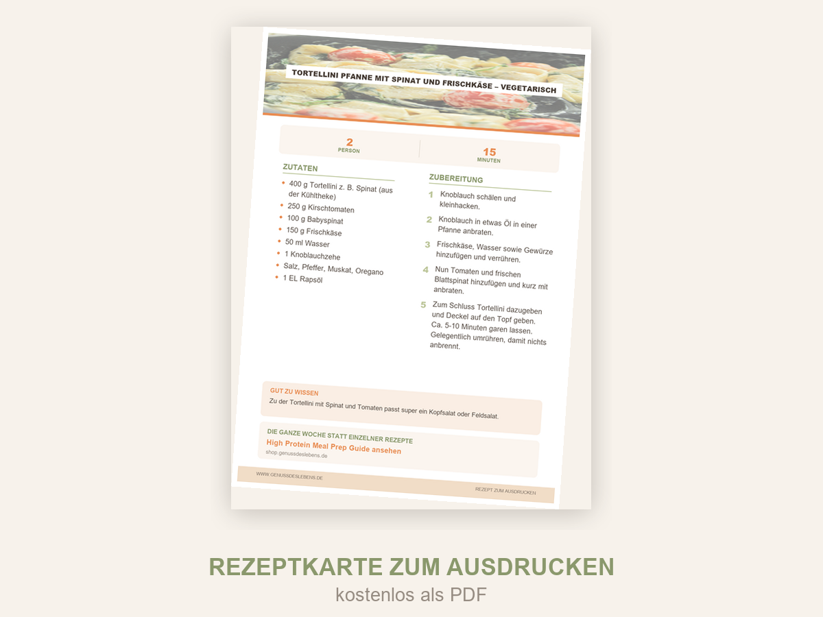 Rezeptkarte Tortellini Pfanne mit Spinat und Frischkäse – vegetarisch zum Ausdrucken als PDF