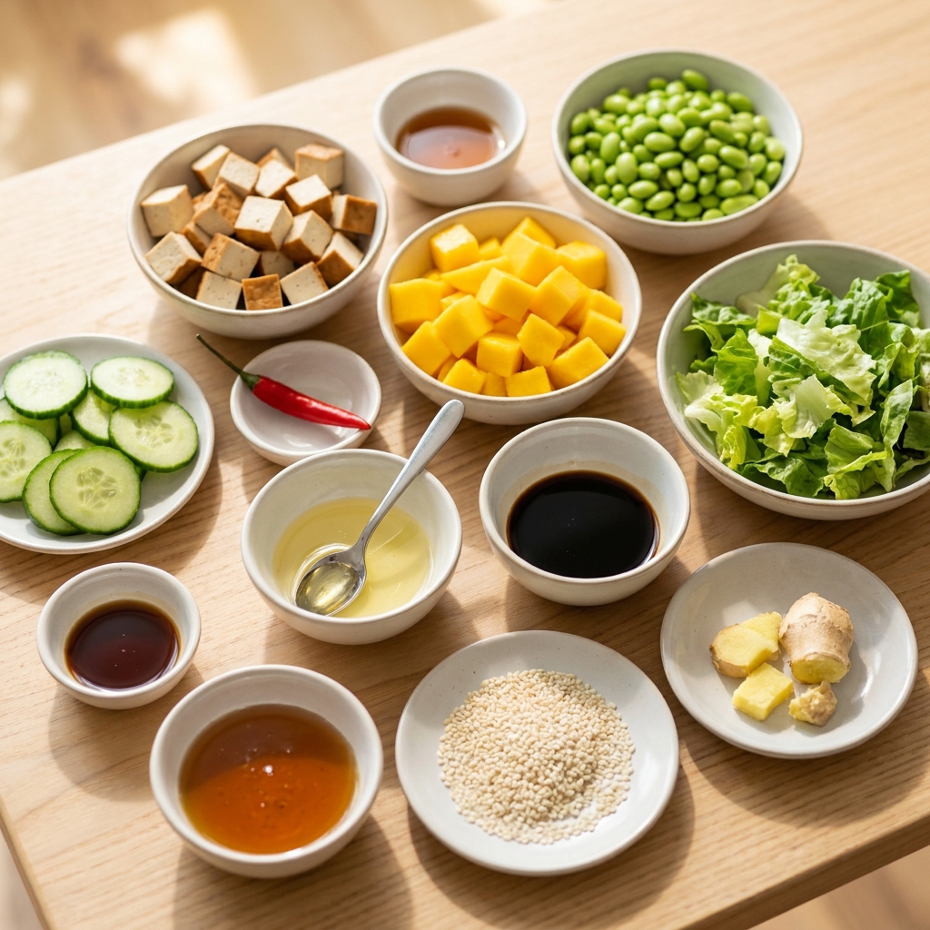 Zutaten für Mango-Tofu-Bowl mit Räuchertofu und Edamame