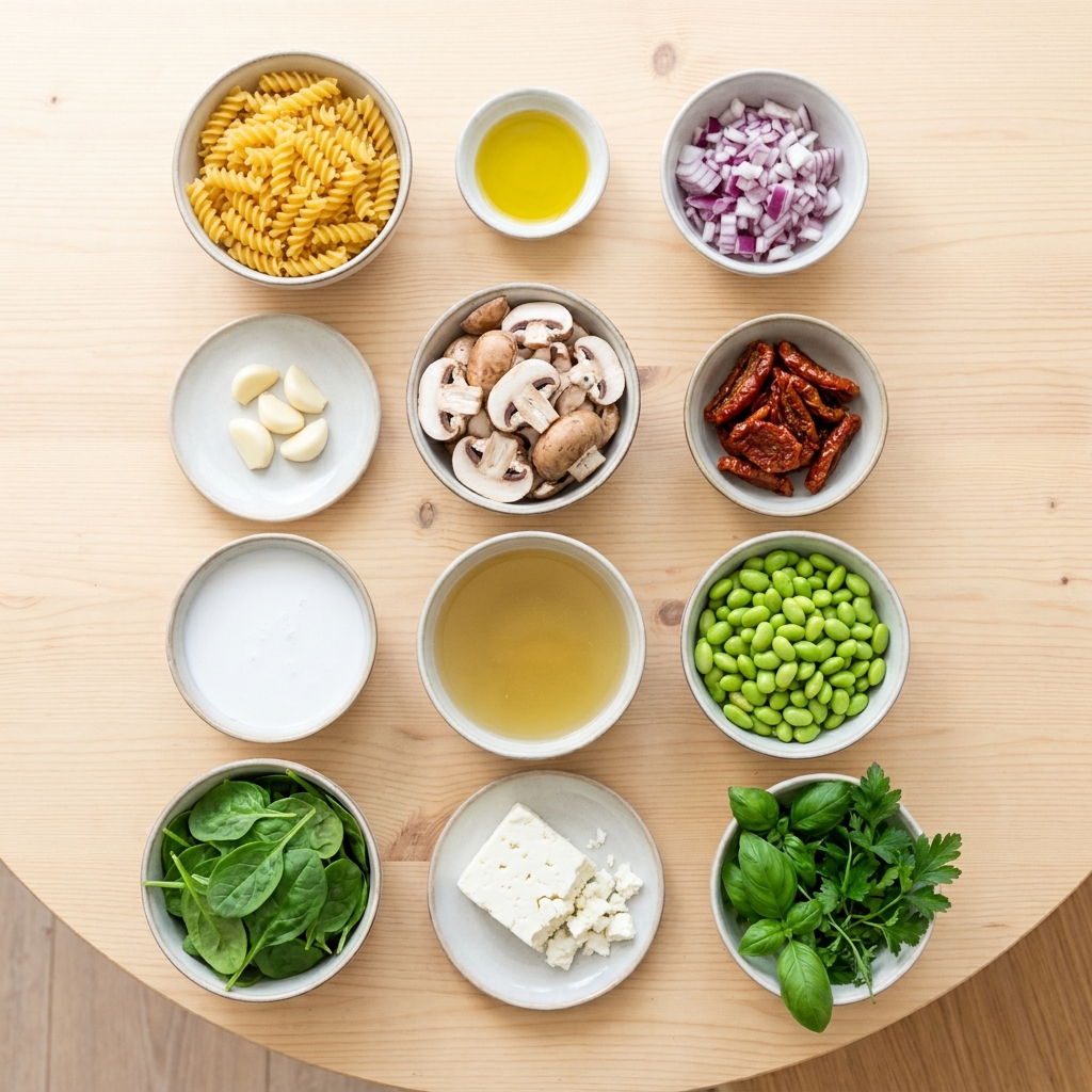 Zutaten für Cremige One Pot Pasta mit Feta und Edamame