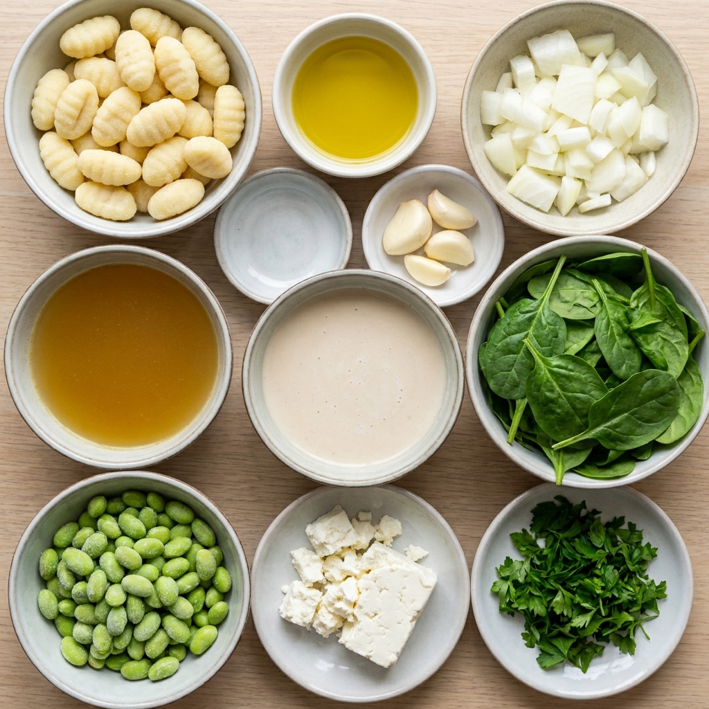 Zutaten für Proteinreiche Gnocchi-Pfanne mit Edamame & Feta