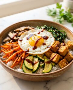 Vegetarische Bibimbap-Bowl mit Ei und Gemüse