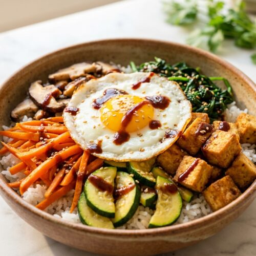 Vegetarische Bibimbap-Bowl mit Ei und Gemüse