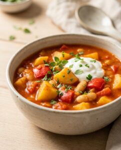 Kartoffelgulasch mit Paprika und weißen Bohnen
