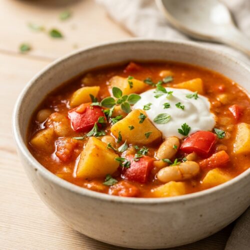 Kartoffelgulasch mit Paprika und weißen Bohnen