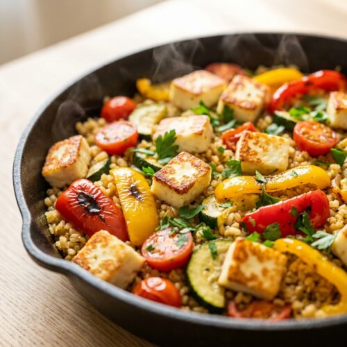 Bulgur-Pfanne mit Halloumi und Paprika