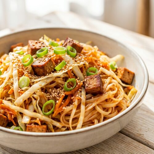 Reisnudel-Pfanne mit Weißkohl und Räuchertofu