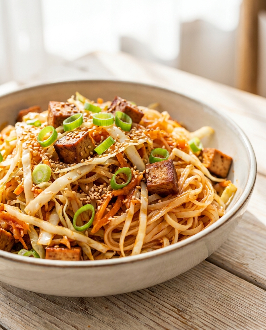 Reisnudel-Pfanne mit Weißkohl und Räuchertofu