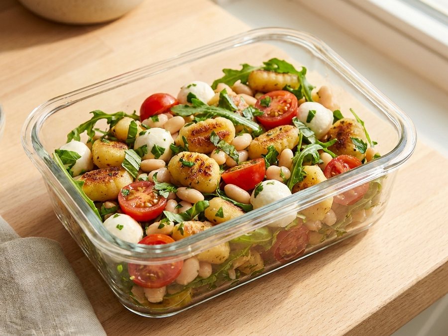 Gnocchi-Salat mit weißen Bohnen in der Meal-Prep-Dose