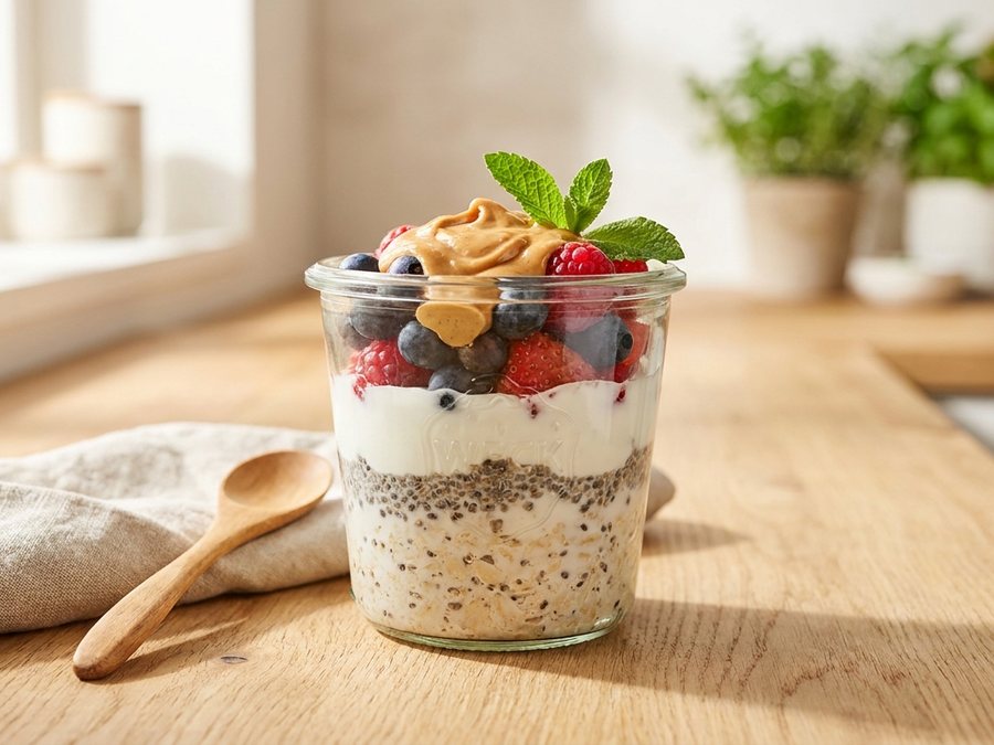 Protein-Overnight-Oats mit Beeren im Glas