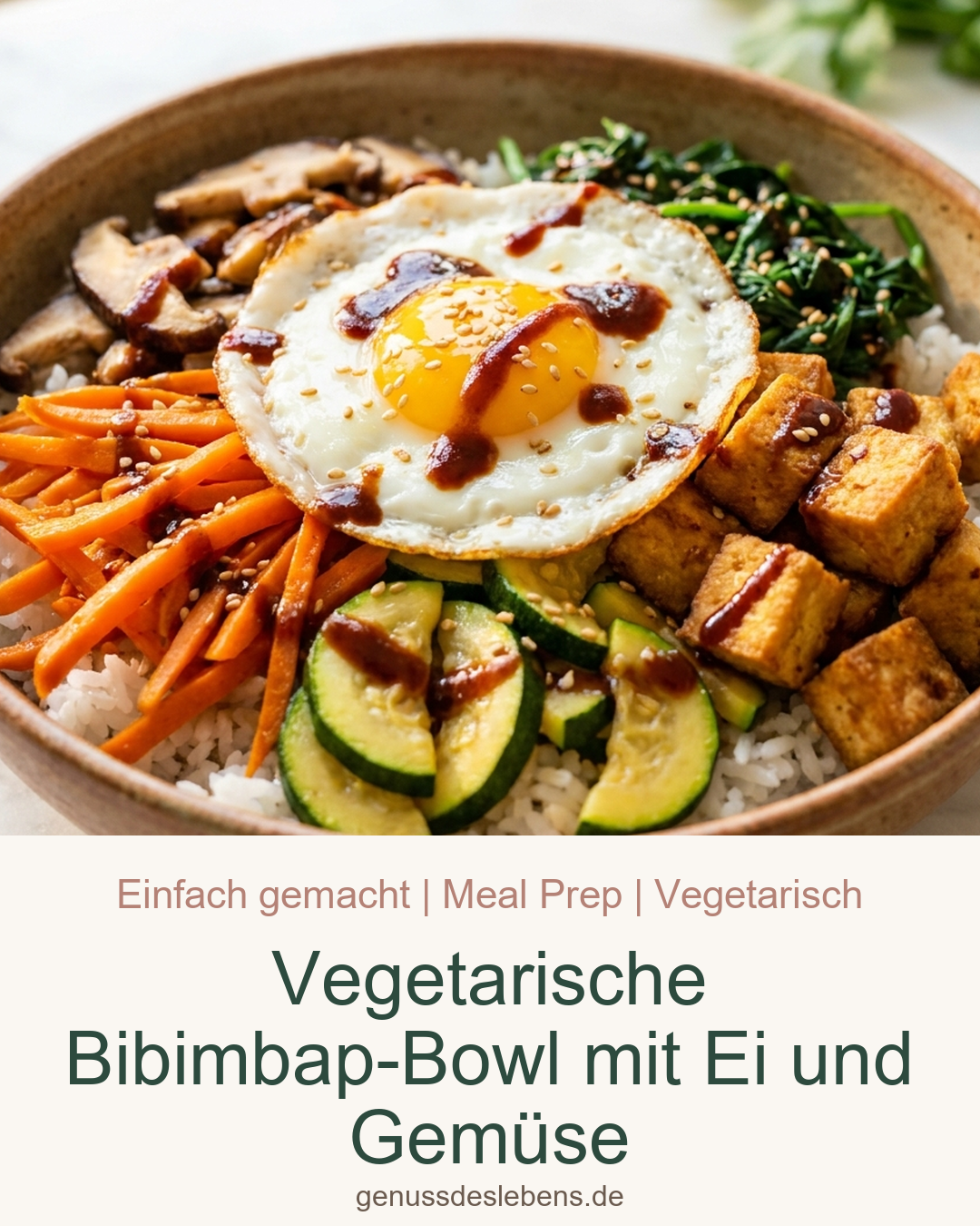 Vegetarische Bibimbap-Bowl mit Ei und Gemüse - Pin für Pinterest