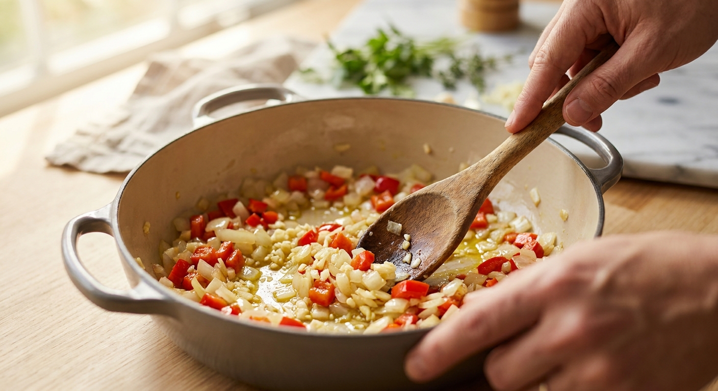 Kartoffelgulasch mit Paprika und weißen Bohnen Zubereitung