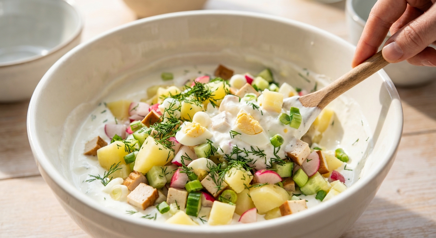 Vegetarische Okroschka mit Kefir und Ei Zubereitung