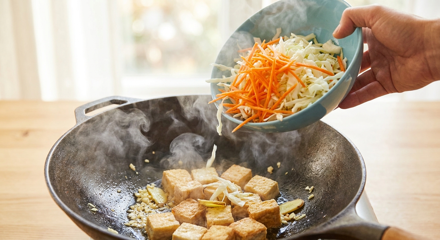 Reisnudel-Pfanne mit Weißkohl und Räuchertofu Zubereitung