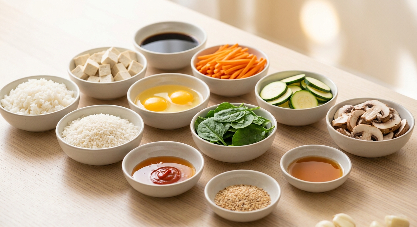 Zutaten für Vegetarische Bibimbap-Bowl mit Ei und Gemüse