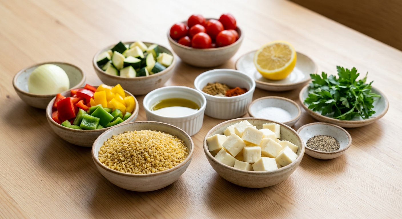 Zutaten für Bulgur-Pfanne mit Halloumi und Paprika