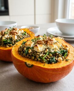 Gefüllter Hokkaido mit Linsen und Feta