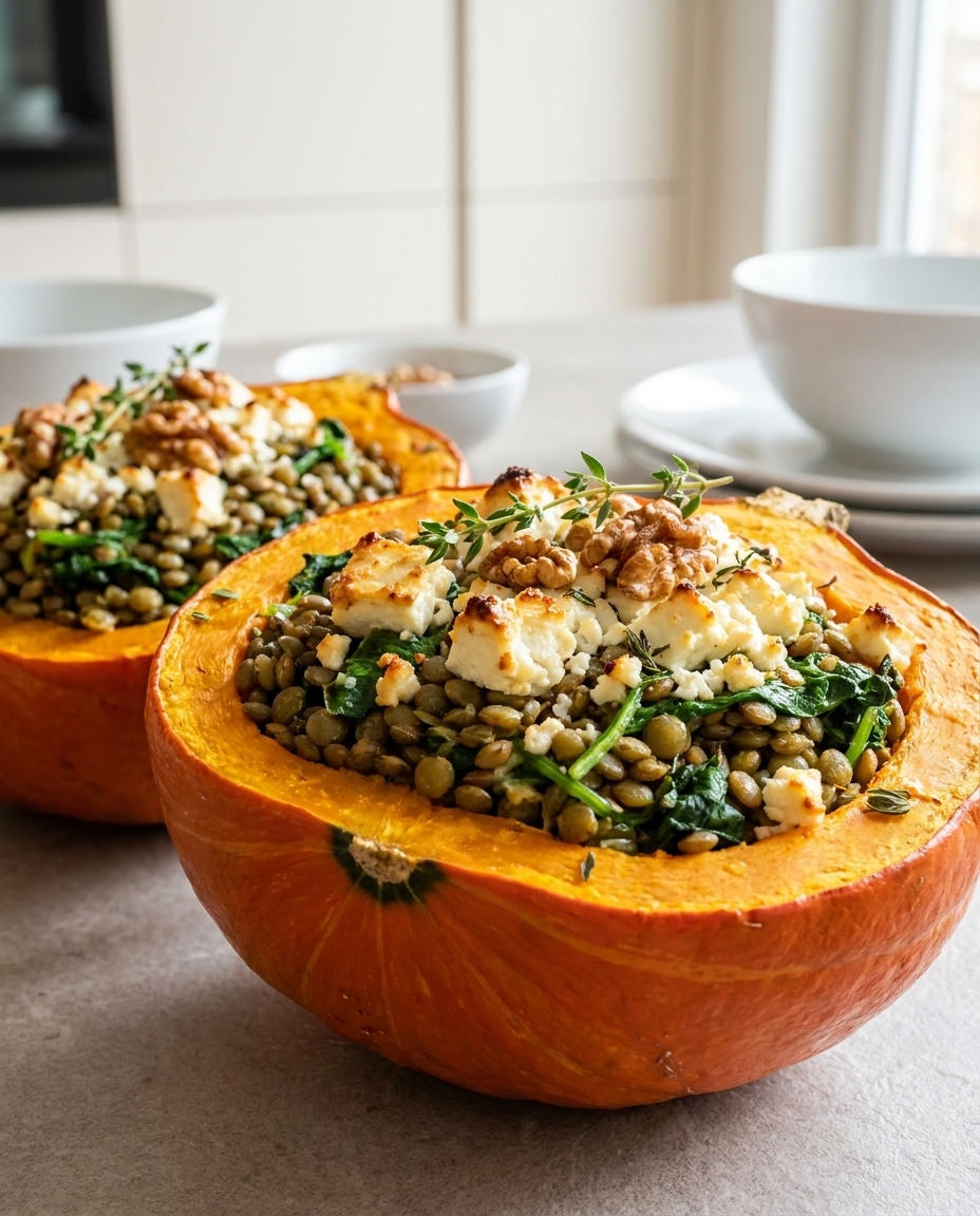 Gefüllter Hokkaido mit Linsen und Feta